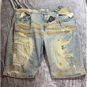 FWRD Denim Mens Distressed Paint Splatter Jean Shorts Light Wash Blue Size 54X15